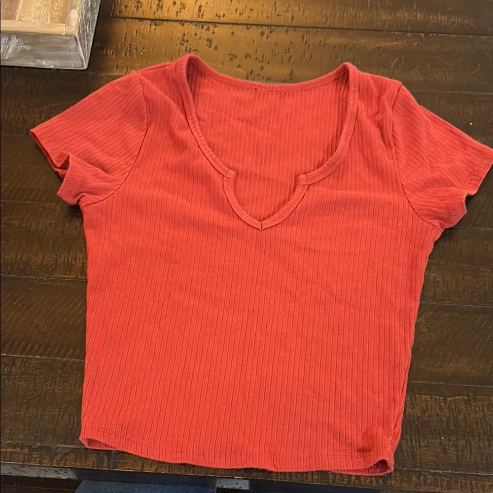 Women's Red Ribbed V-Neck Top